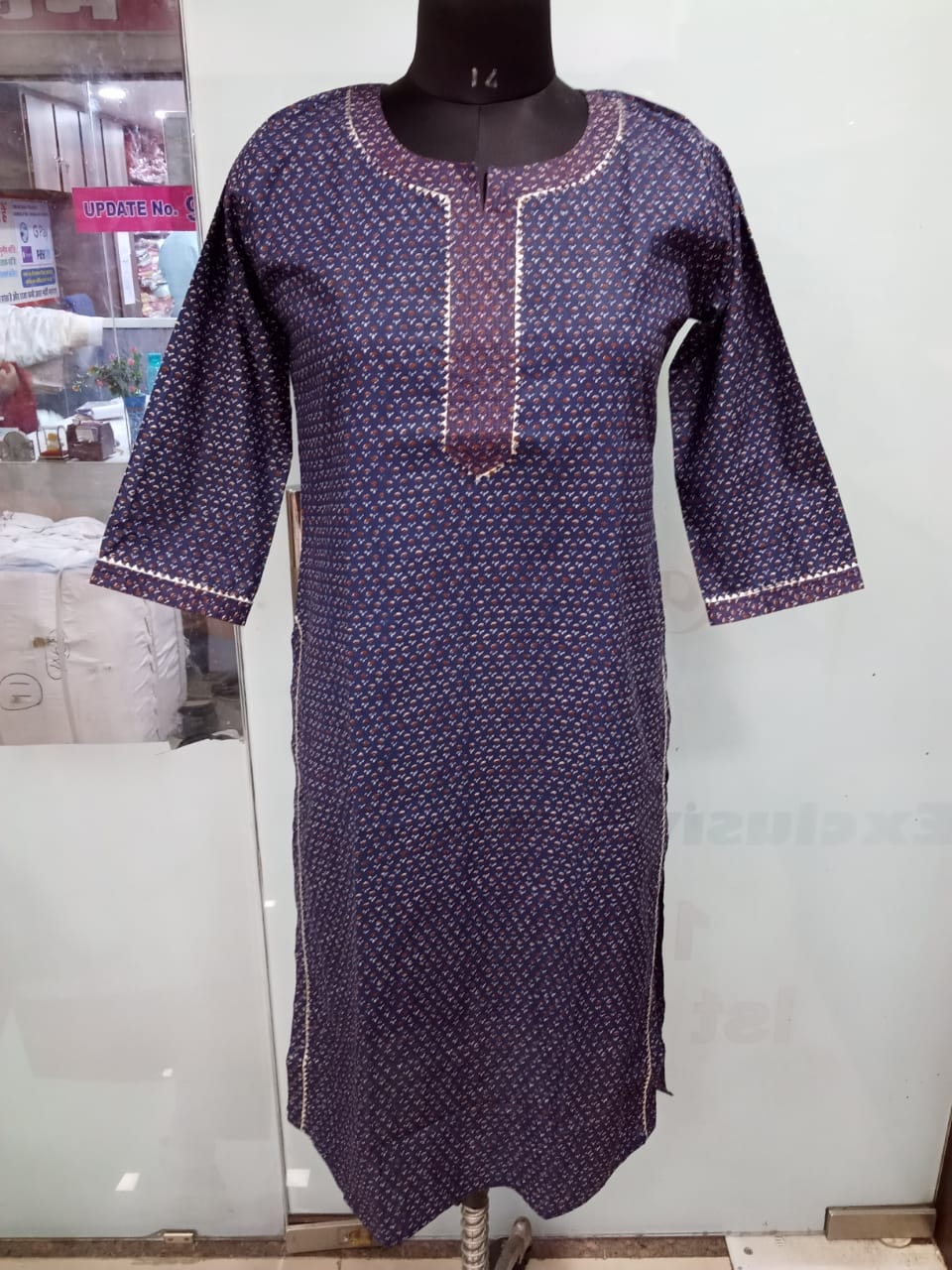 Navy Blue Straight Kurti Cambric Cotton