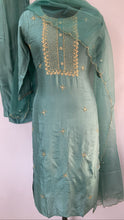 Load image into Gallery viewer, Sea Green Dola Silk Kurti Full Set with Aurganza Dupatta
