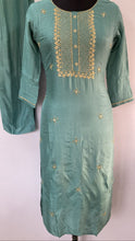 Load image into Gallery viewer, Sea Green Dola Silk Kurti Full Set with Aurganza Dupatta
