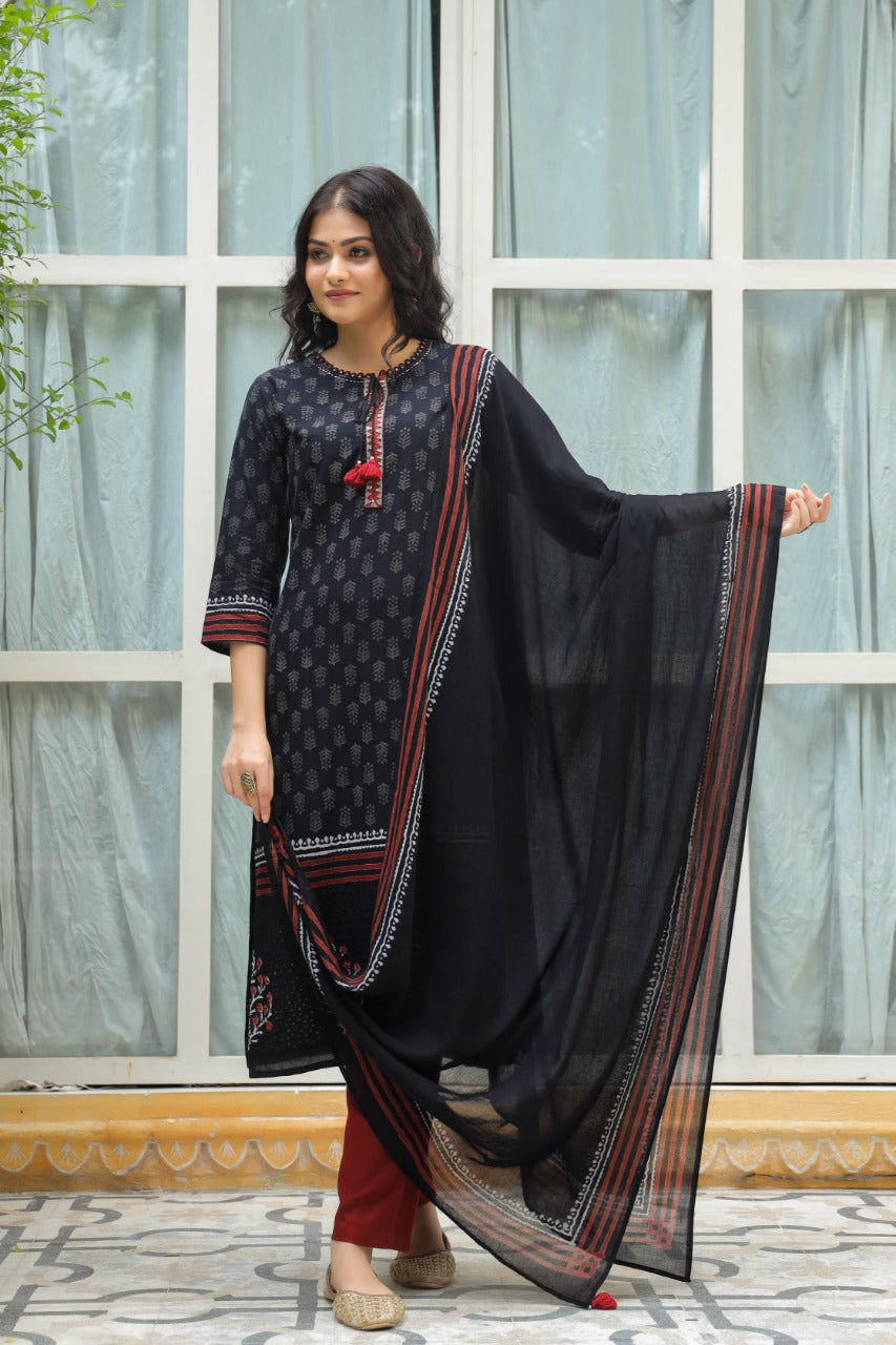 Pure Black Cotton Full Set with Mal Cotton Dupatta