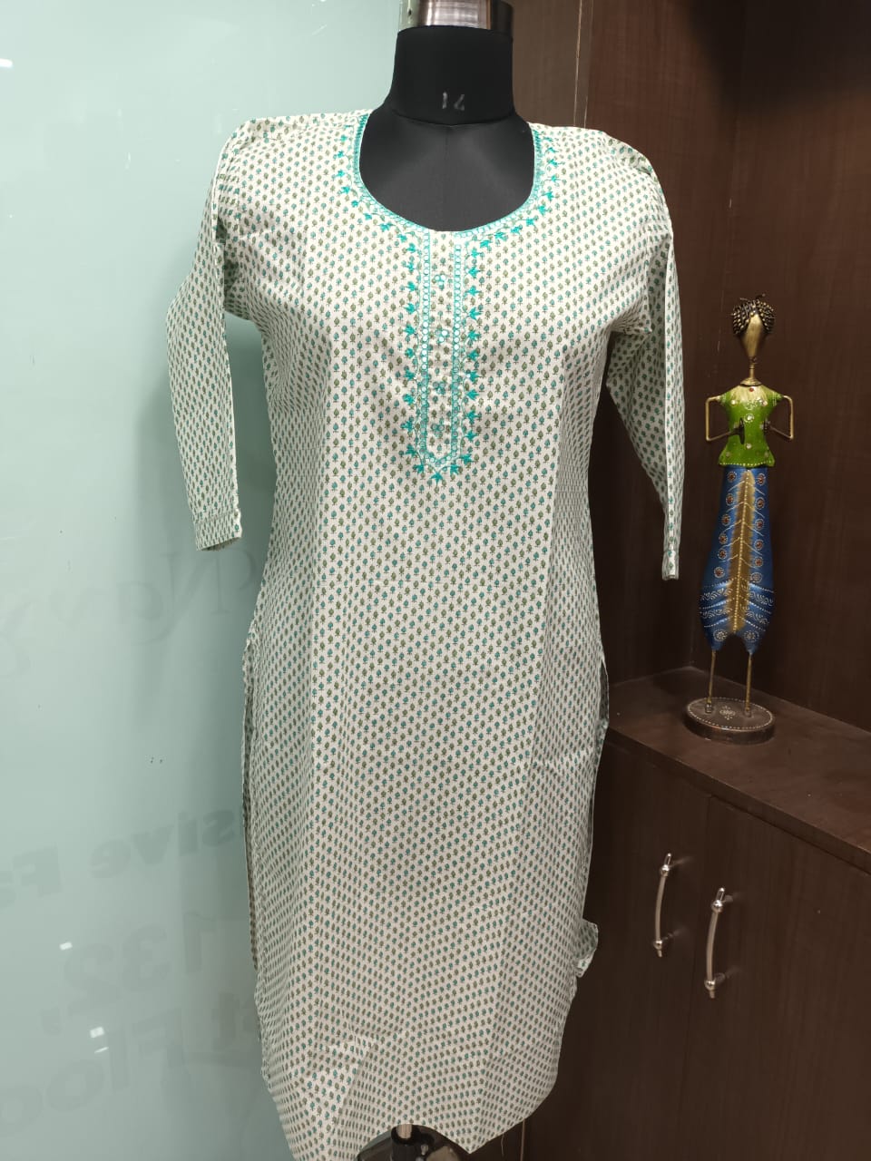 Sea Green Cotton Kurti with Aari Work