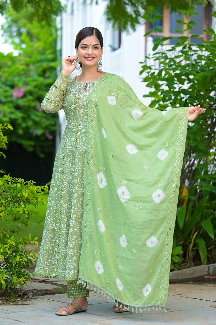 Green Anarkali Shifali Cut Work with Pant And Dupatta