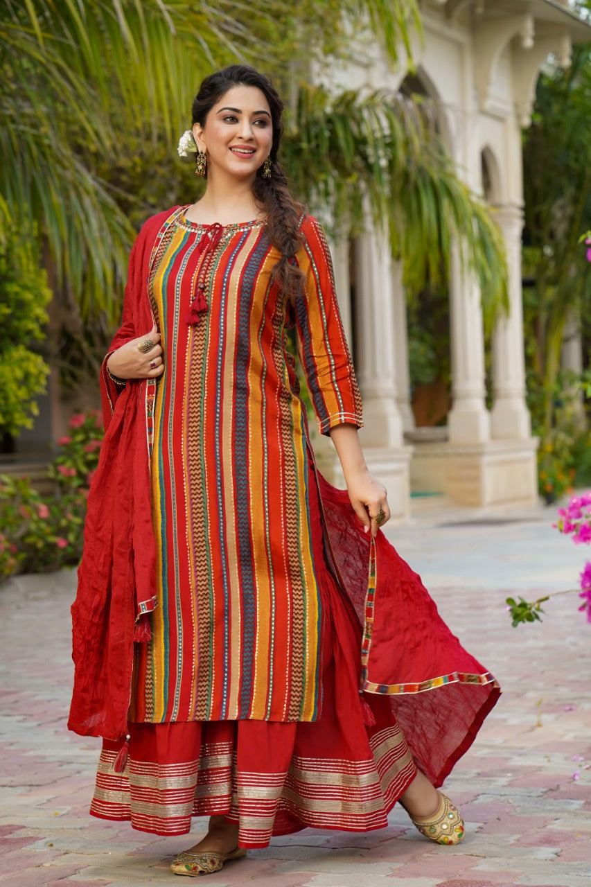 Multicolor Tunic Sharara Set with Cotton Dupatta