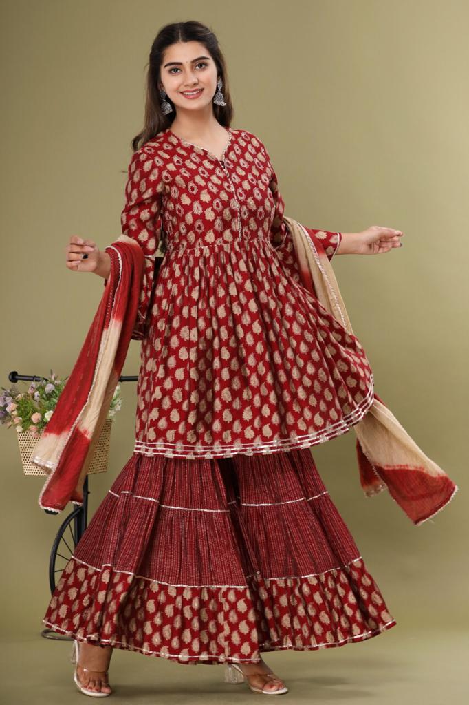 Festive Wear Red Sharara set With Shaded Dupatta