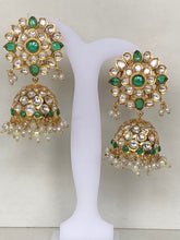 Load image into Gallery viewer, Emerald Kundan Work Jhumkas
