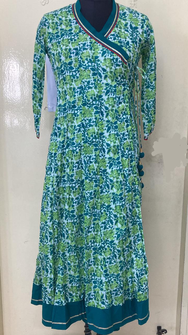 Green Angrakha Cotton Kurti